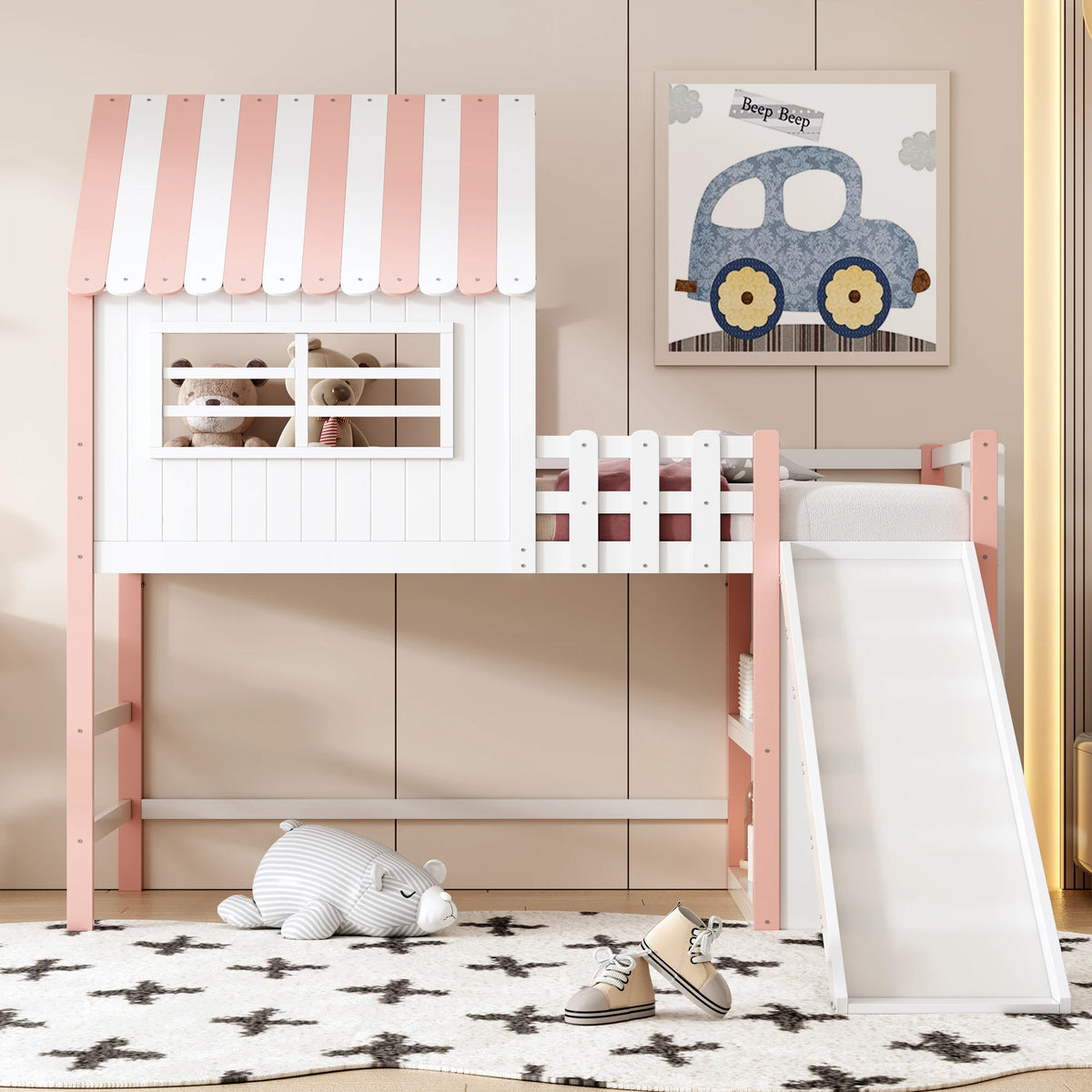 Hochbett mit Rutsche, Dach und viel Stauraum 90x200 Lilla Kids