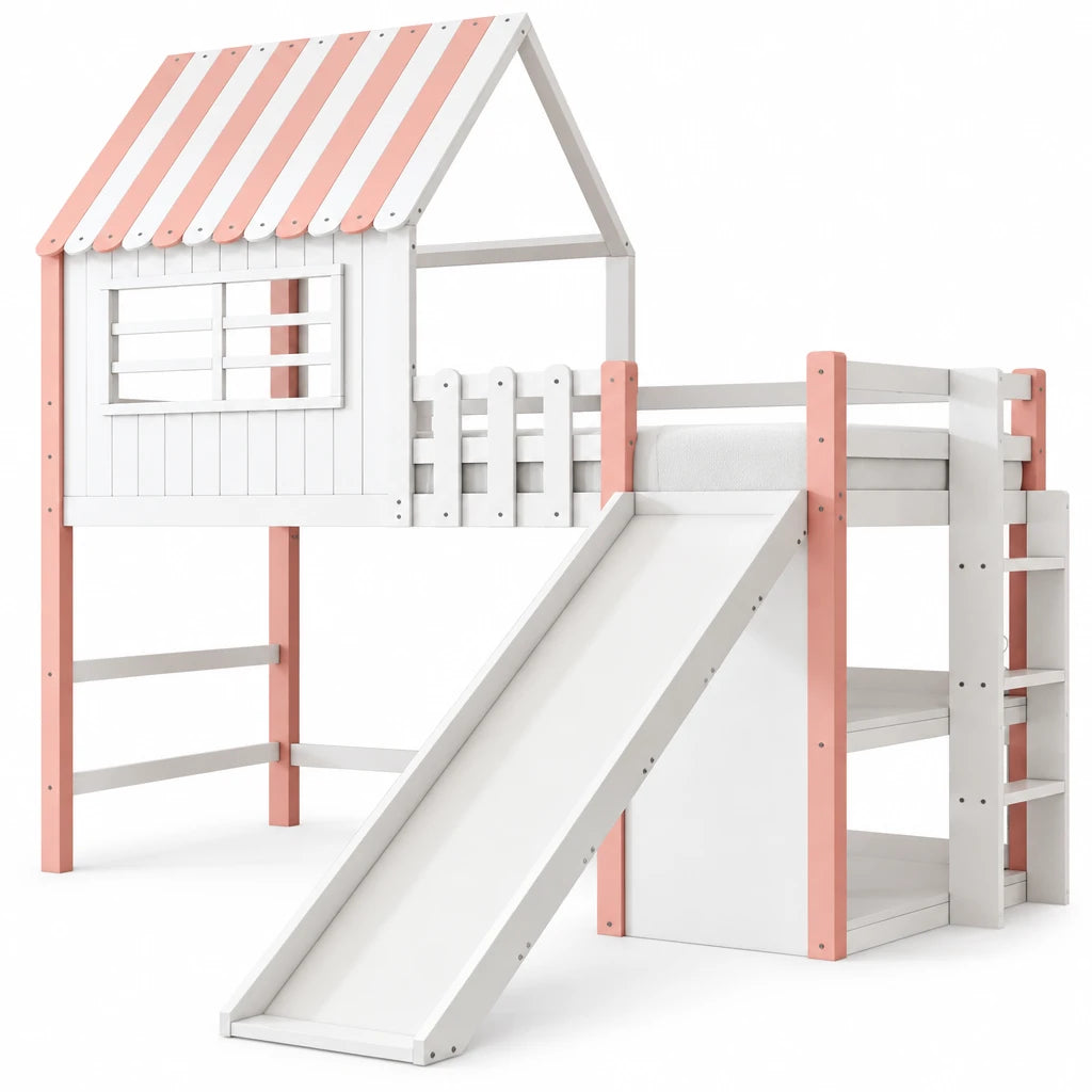 Hochbett mit Rutsche, Dach und viel Stauraum 90x200 Lilla Kids