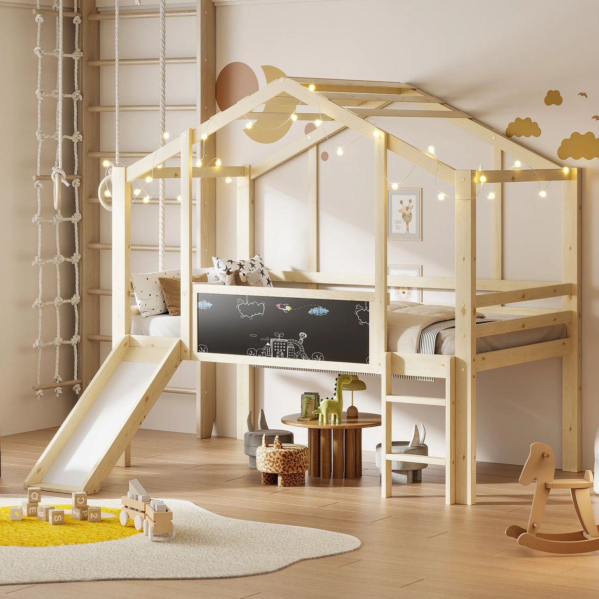 Hochbett mit Rutsche, Tafel und Holzleiter Lilla Kids