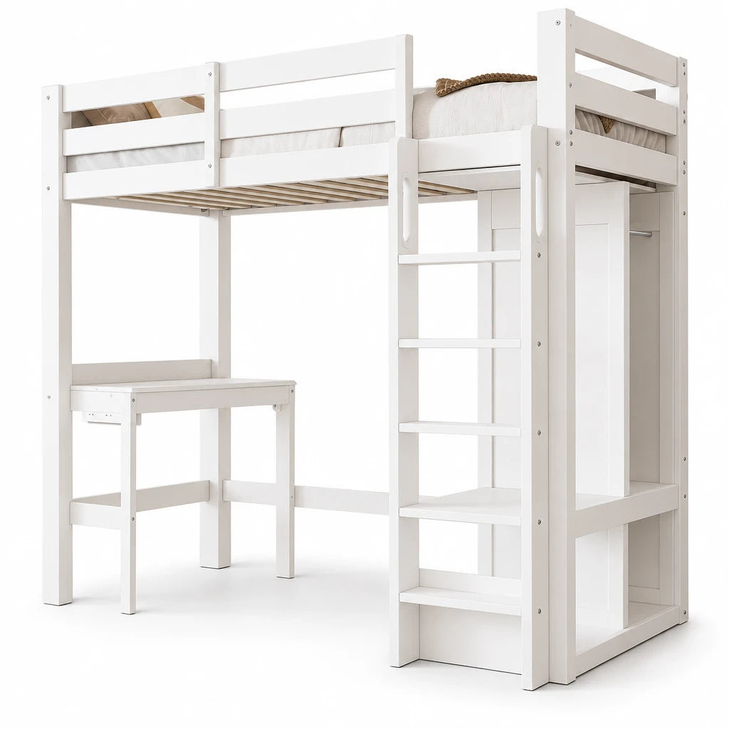Hochbett mit Schreibtisch und offenem Kleiderschrank Lilla Kids