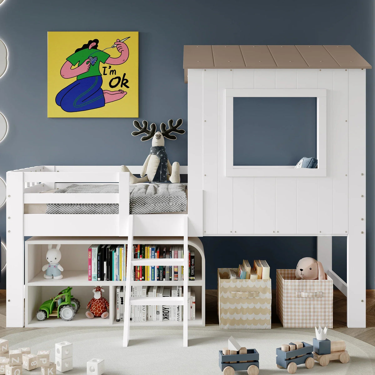 Kinder-Hausbett mit Bücherregal und Tafel Lilla Kids