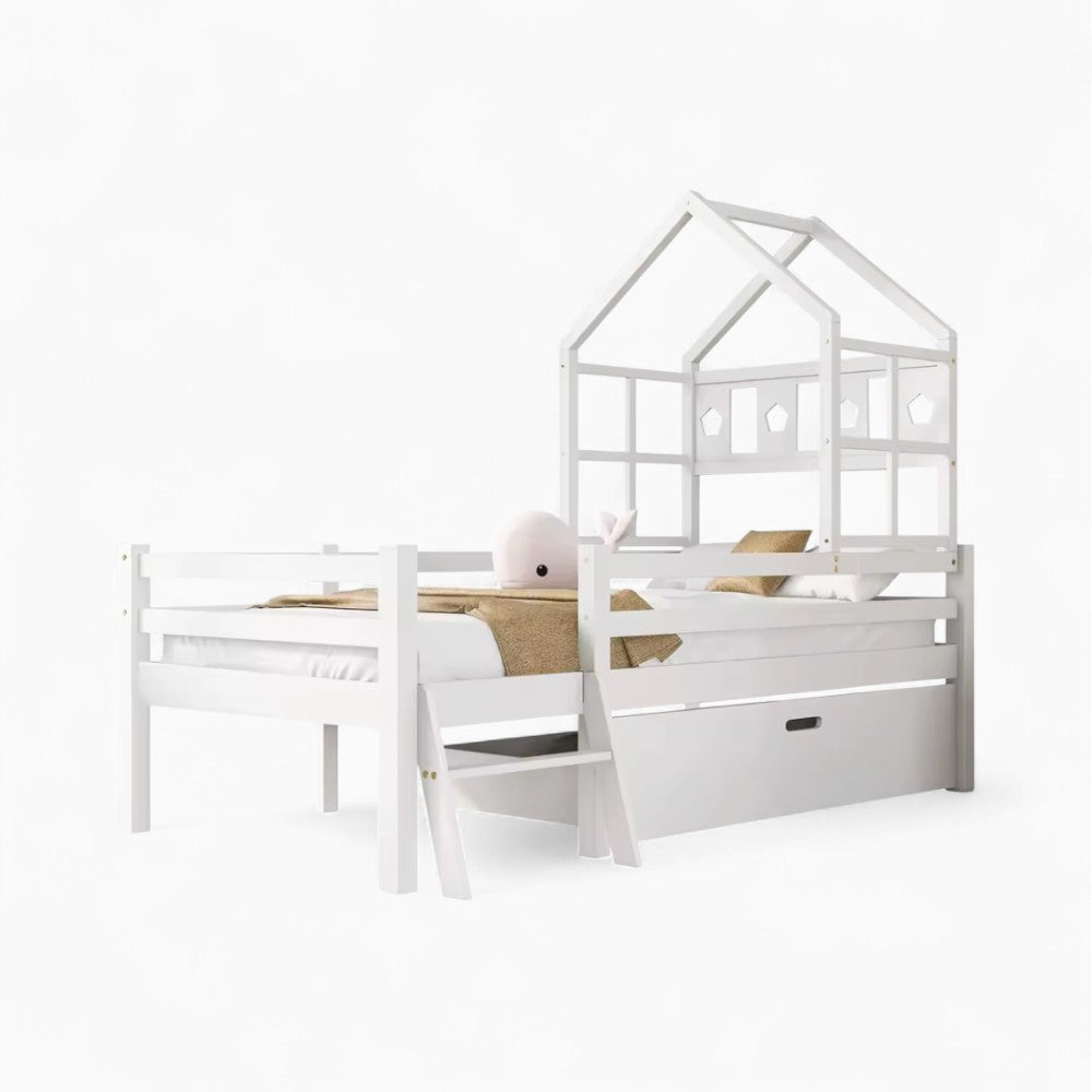 Kinder-Hausbett mit Schublade und Leiter aus massiver Kiefer Lilla Kids
