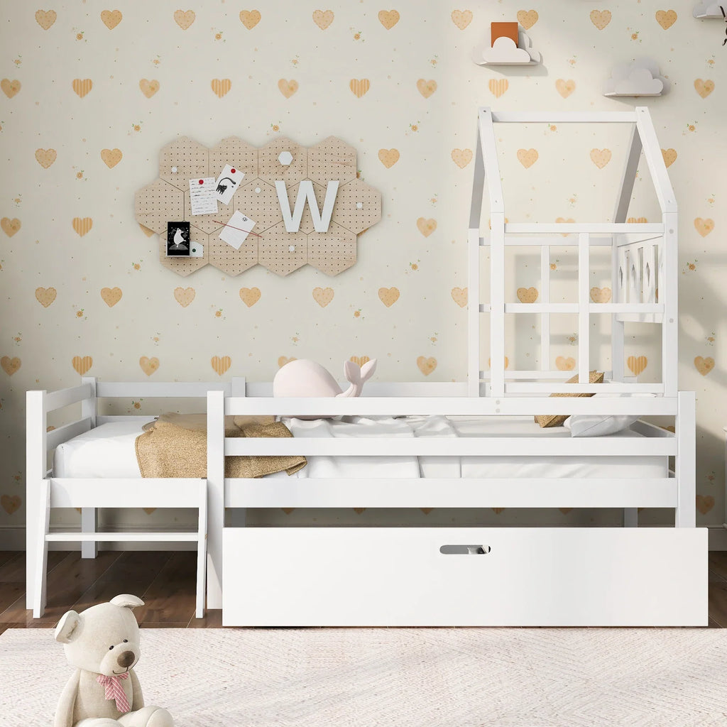 Kinder-Hausbett mit Schublade und Leiter aus massiver Kiefer Lilla Kids