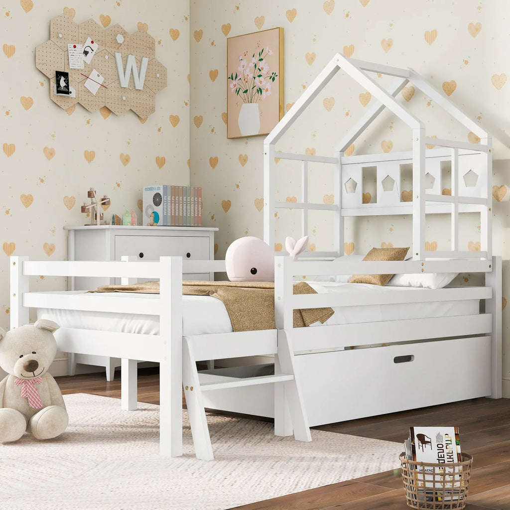 Kinder-Hausbett mit Schublade und Leiter aus massiver Kiefer Lilla Kids