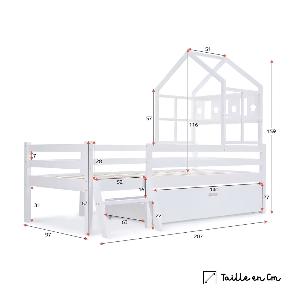 Kinder-Hausbett mit Schublade und Leiter aus massiver Kiefer Lilla Kids