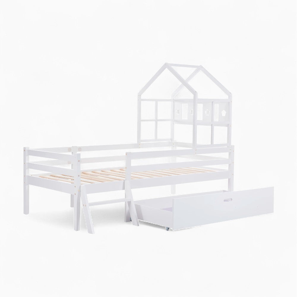 Kinder-Hausbett mit Schublade und Leiter aus massiver Kiefer Lilla Kids