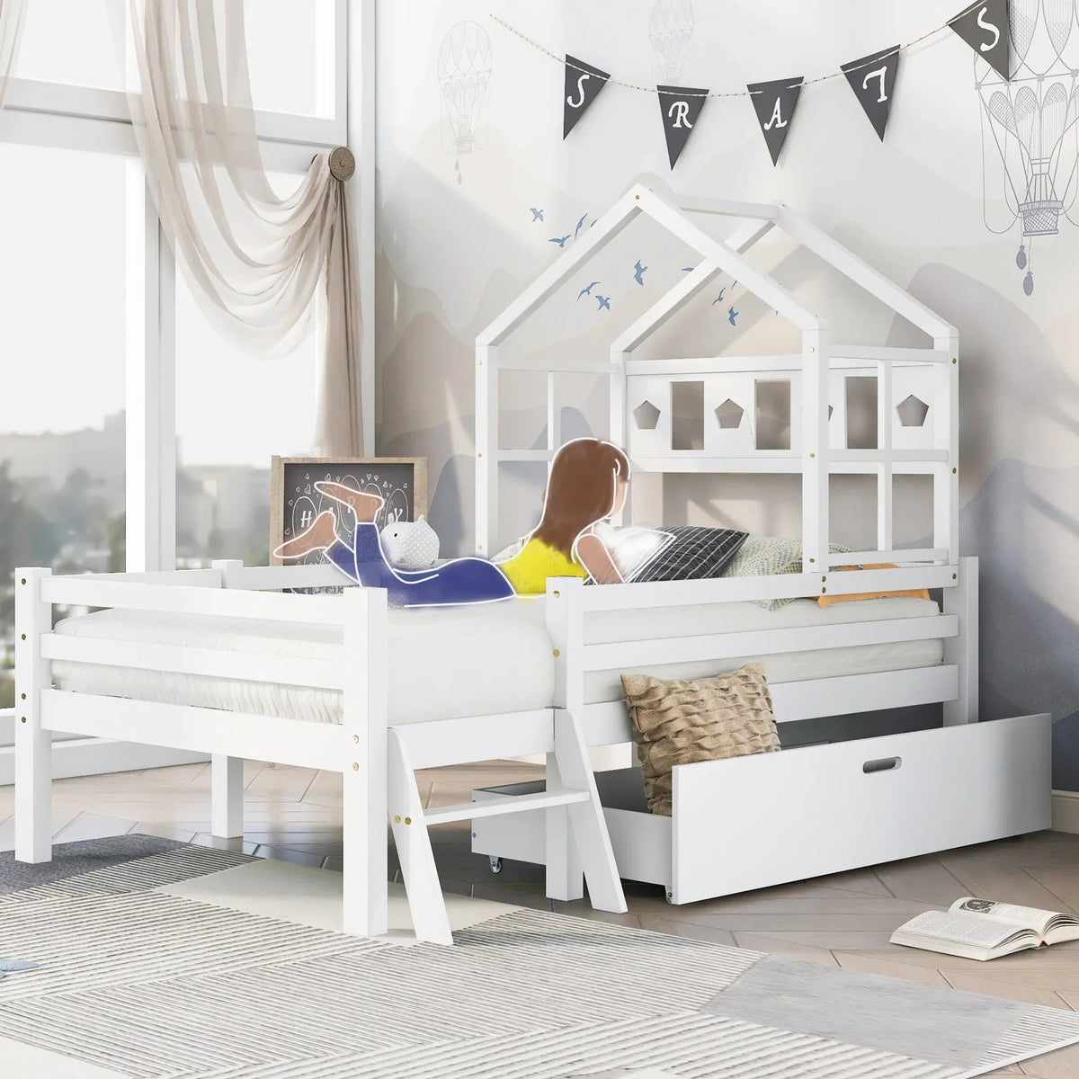 Kinder-Hausbett mit Schublade und Leiter aus massiver Kiefer Lilla Kids
