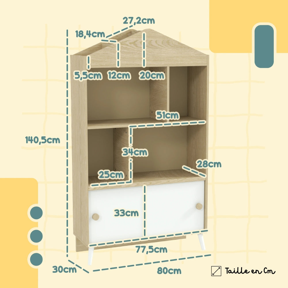 Kinderbücherregal aus Holz in Hausform mit Schiebetüren Lilla Kids