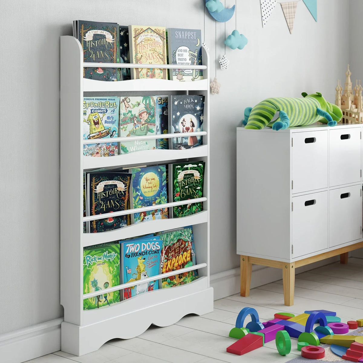 Kinderbücherregal aus weißem Holz mit 4 Ablagen Lilla Kids