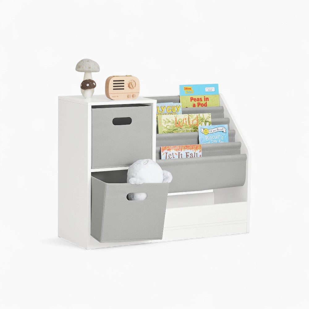 Kinderbücherregal aus weißem Holz mit grauem Stoff Lilla Kids