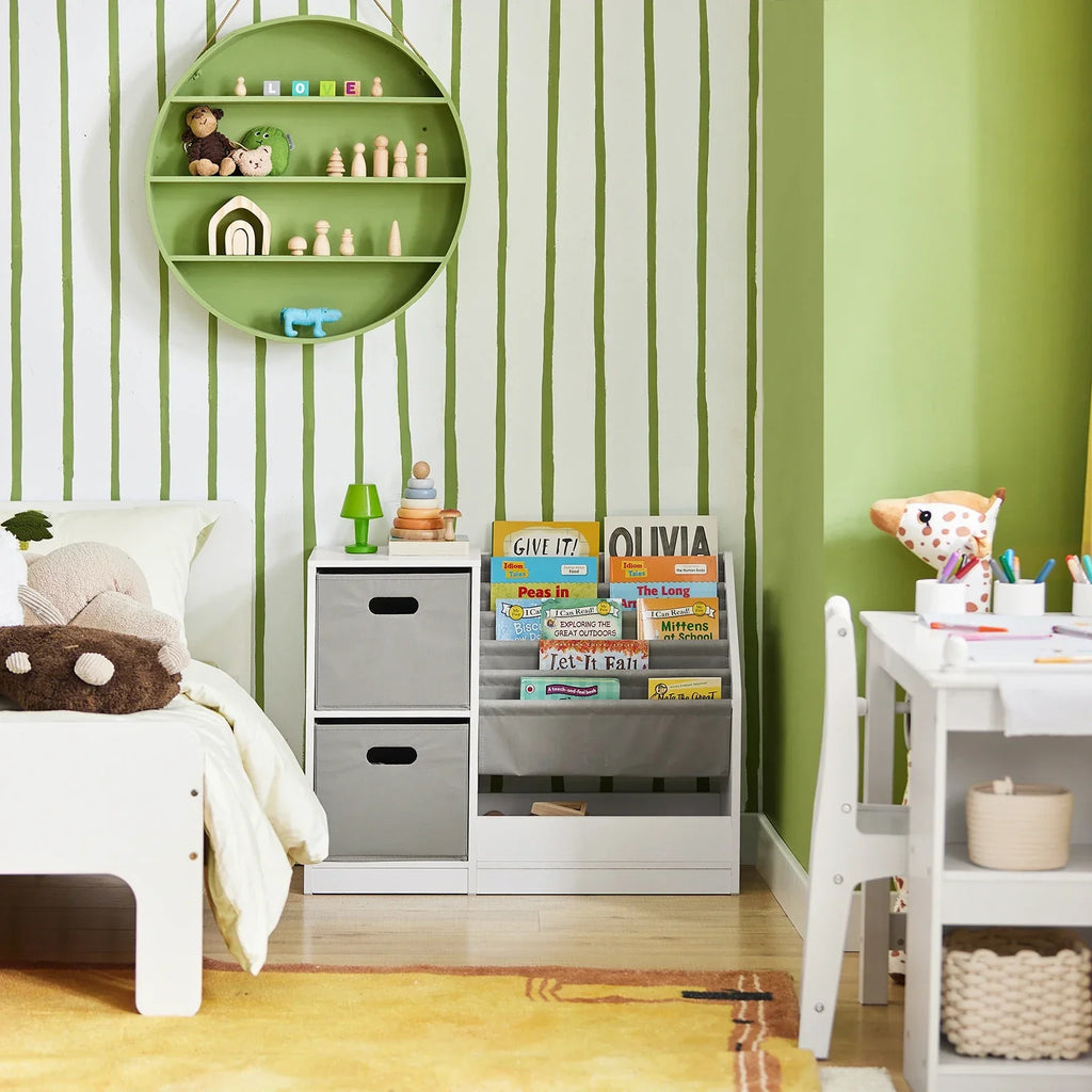 Kinderbücherregal aus weißem Holz mit grauem Stoff Lilla Kids