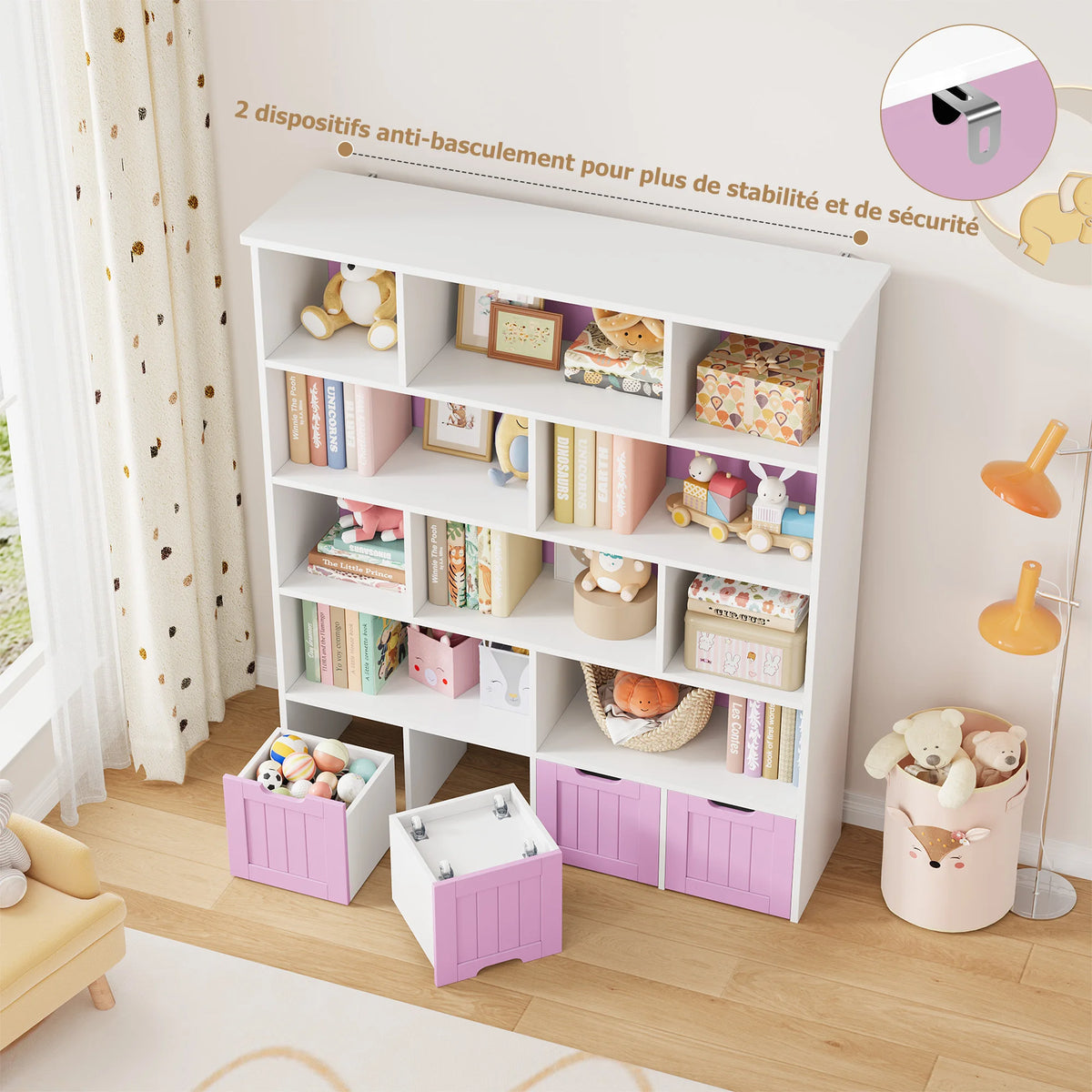 Kinderbücherregal mit 11 Fächern und 4 Schubladen, 146 cm Lilla Kids