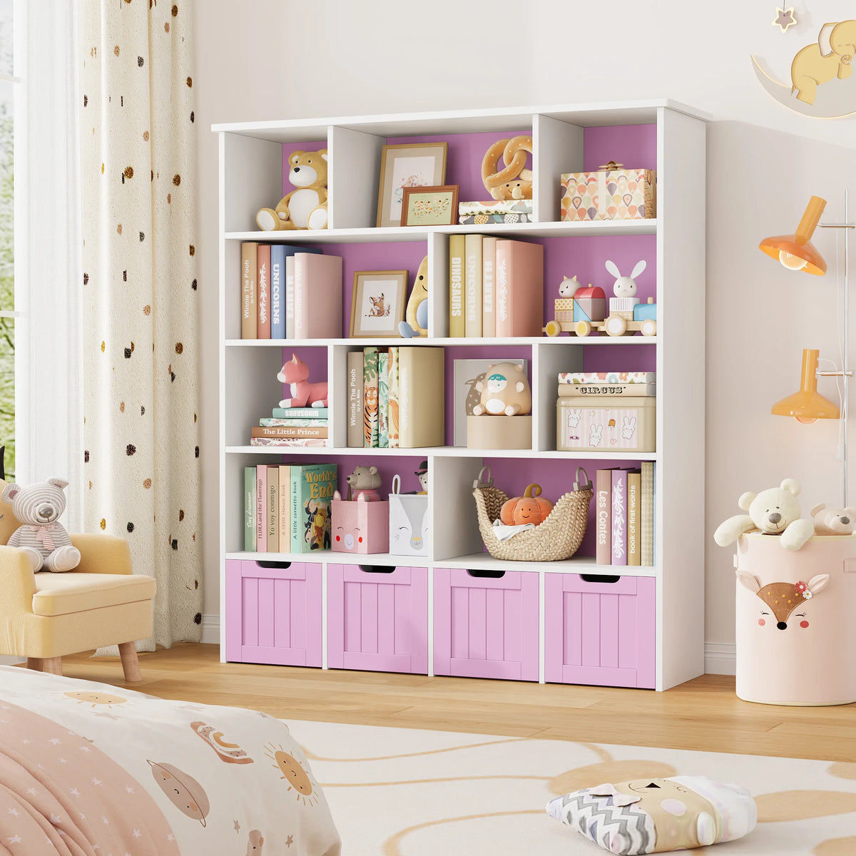 Kinderbücherregal mit 11 Fächern und 4 Schubladen, 146 cm Lilla Kids