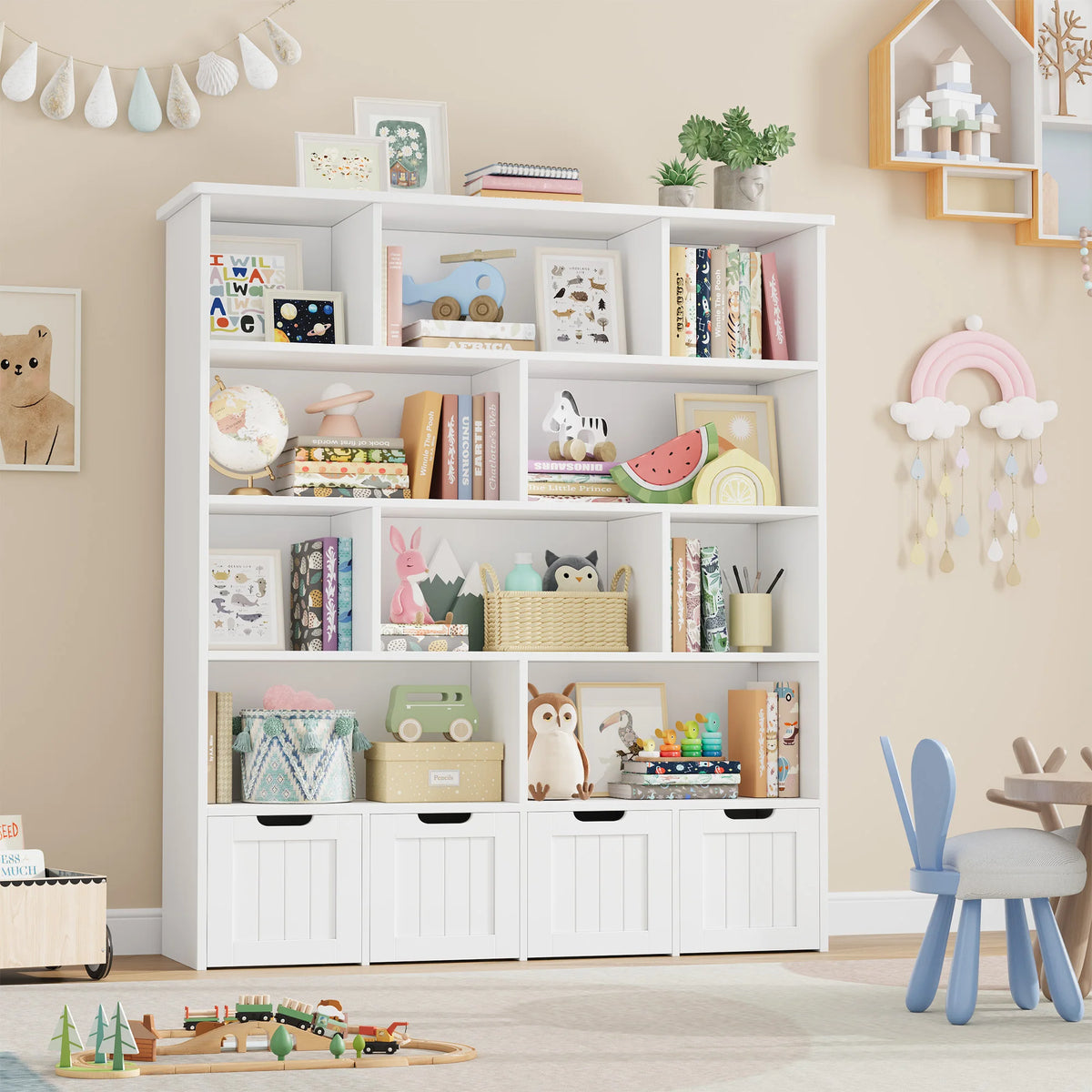 Kinderbücherregal mit 11 Fächern und 4 Schubladen, 146 cm Lilla Kids