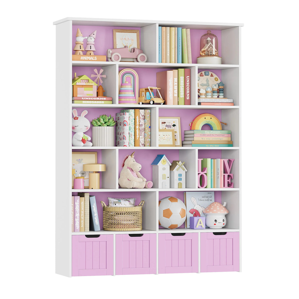 Kinderbücherregal mit 13 Fächern und 4 Schubladen, 175 cm Lilla Kids