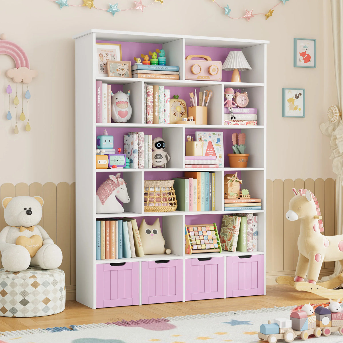 Kinderbücherregal mit 13 Fächern und 4 Schubladen, 175 cm Lilla Kids