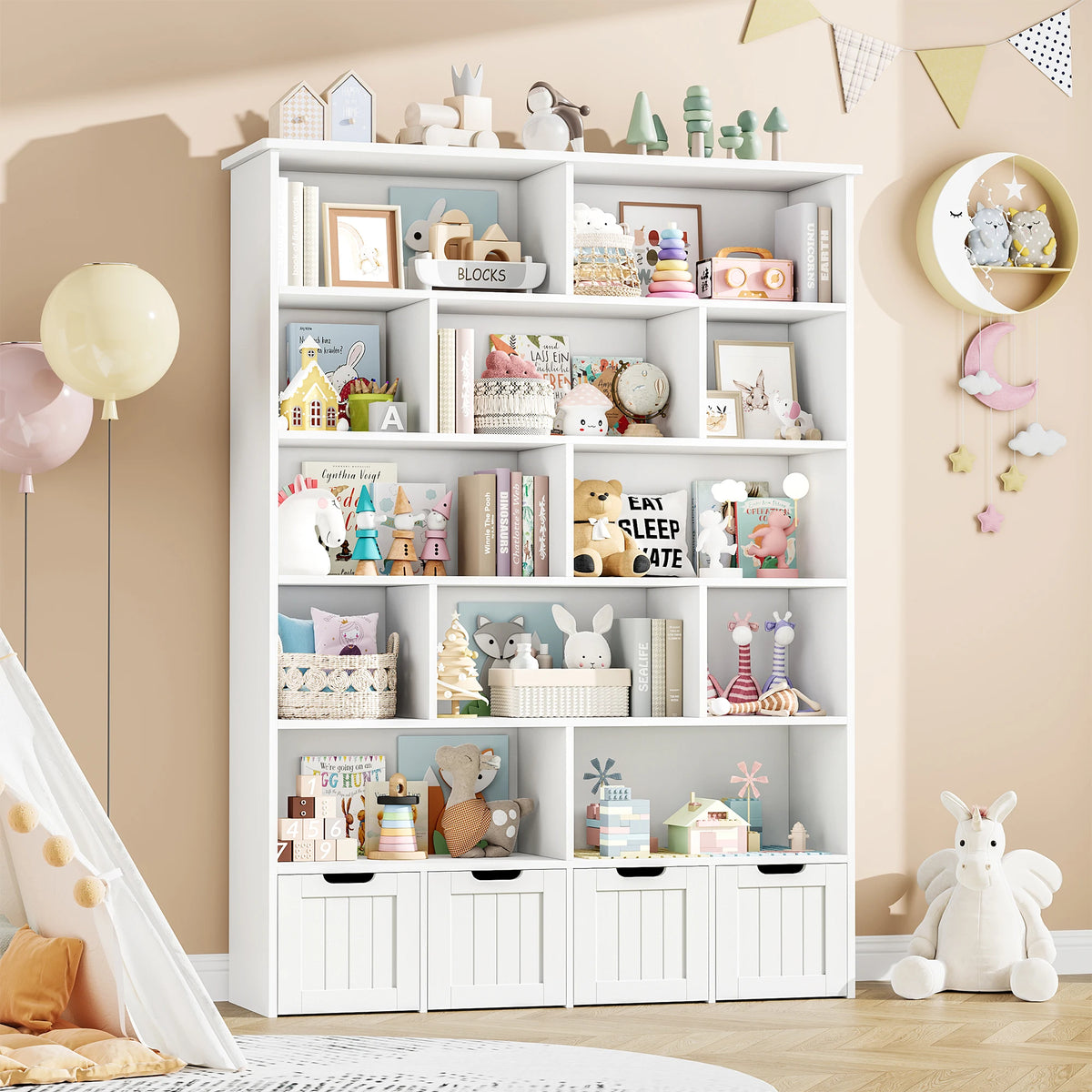 Kinderbücherregal mit 13 Fächern und 4 Schubladen, 175 cm Lilla Kids