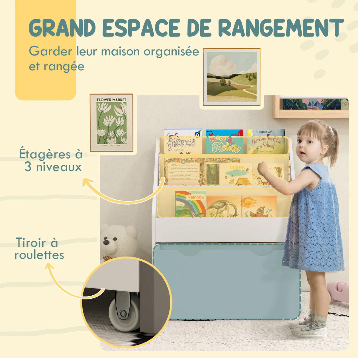 Kinderbücherregal mit 3 Ebenen und Schublade Lilla Kids