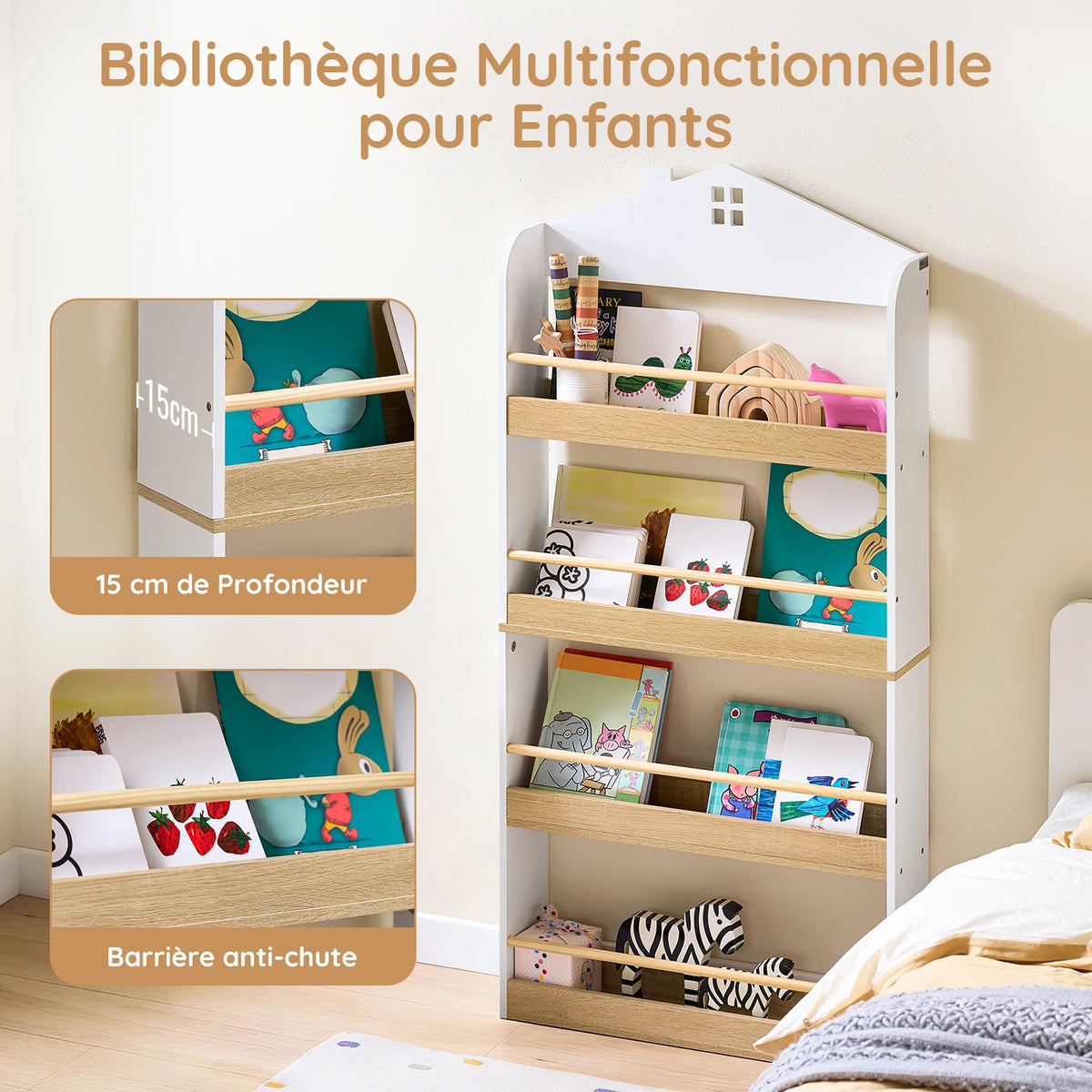 Kinderbücherregal mit 4 Ebenen in Weiß-Natur, 60 x 130 cm Lilla Kids