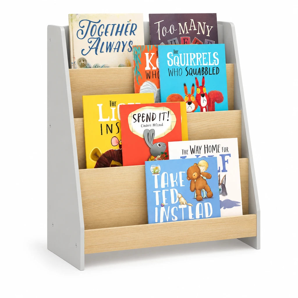 Kinderbücherregal mit 4 Ebenen und Zeitschriftenfächern in Grau Lilla Kids