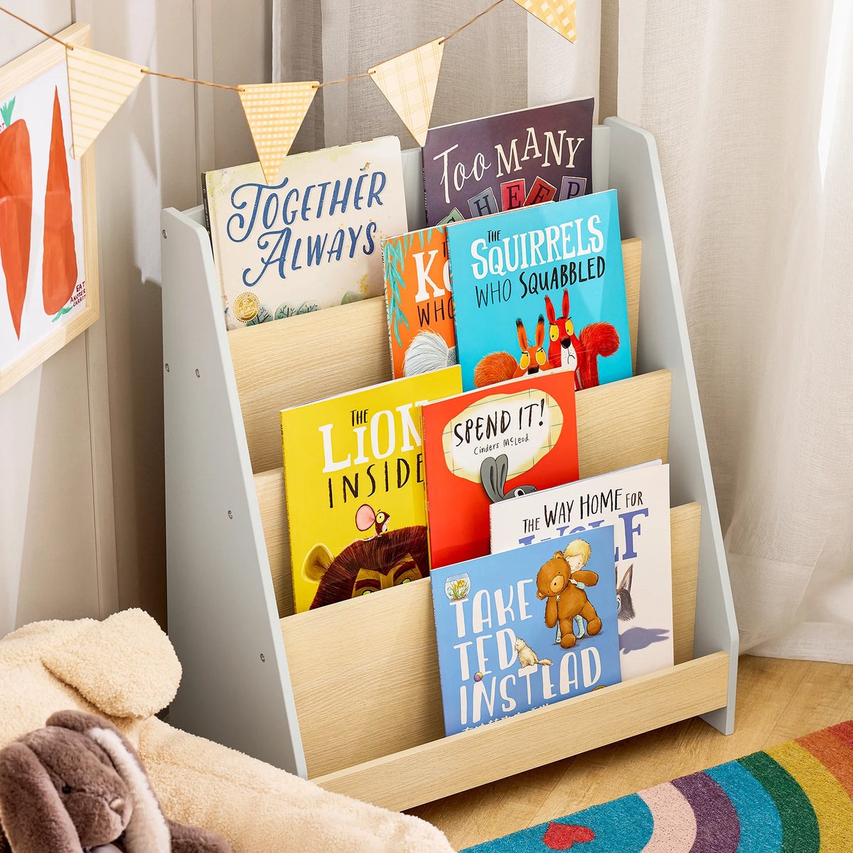Kinderbücherregal mit 4 Ebenen und Zeitschriftenfächern in Grau Lilla Kids