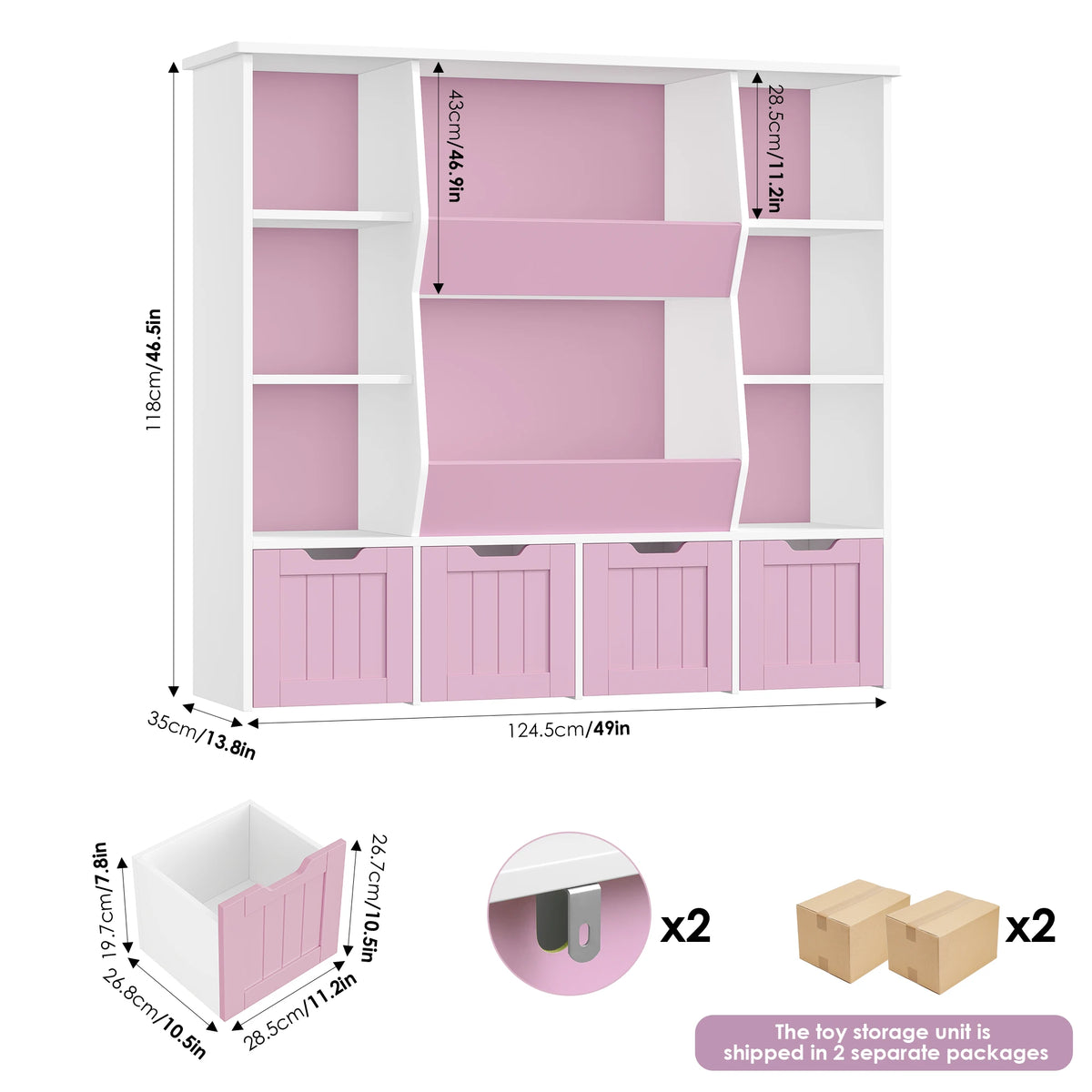 Kinderbücherregal mit 8 Boxen auf Rollen, 118 cm Lilla Kids
