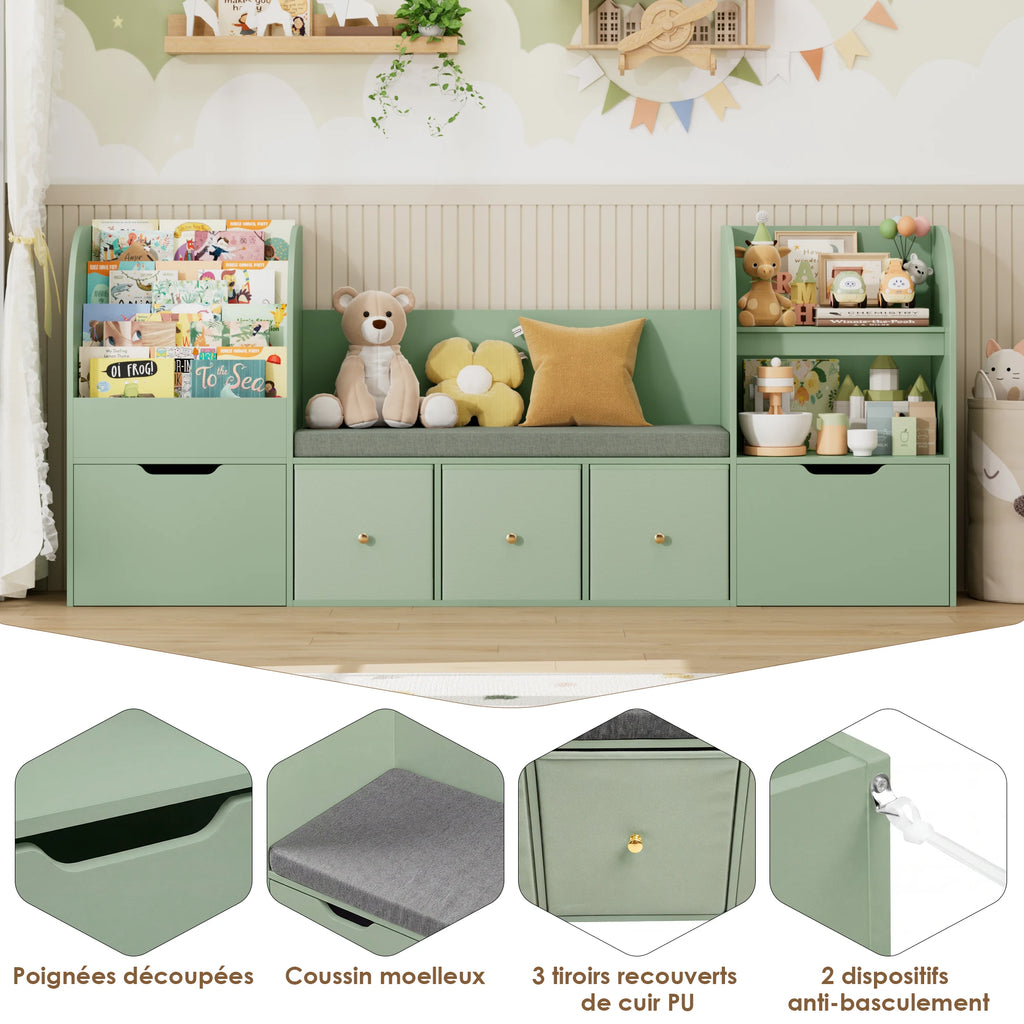 Kinderbücherregal mit Sitzbank, 4 Ebenen, 180 cm Lilla Kids