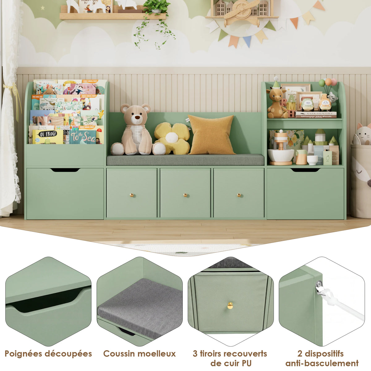 Kinderbücherregal mit Sitzbank, 4 Ebenen, 180 cm Lilla Kids