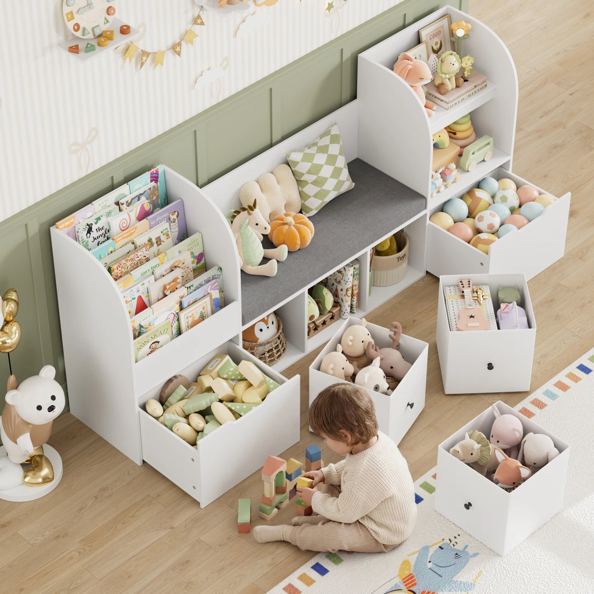 Kinderbücherregal mit Sitzbank, 4 Ebenen, 180 cm Lilla Kids