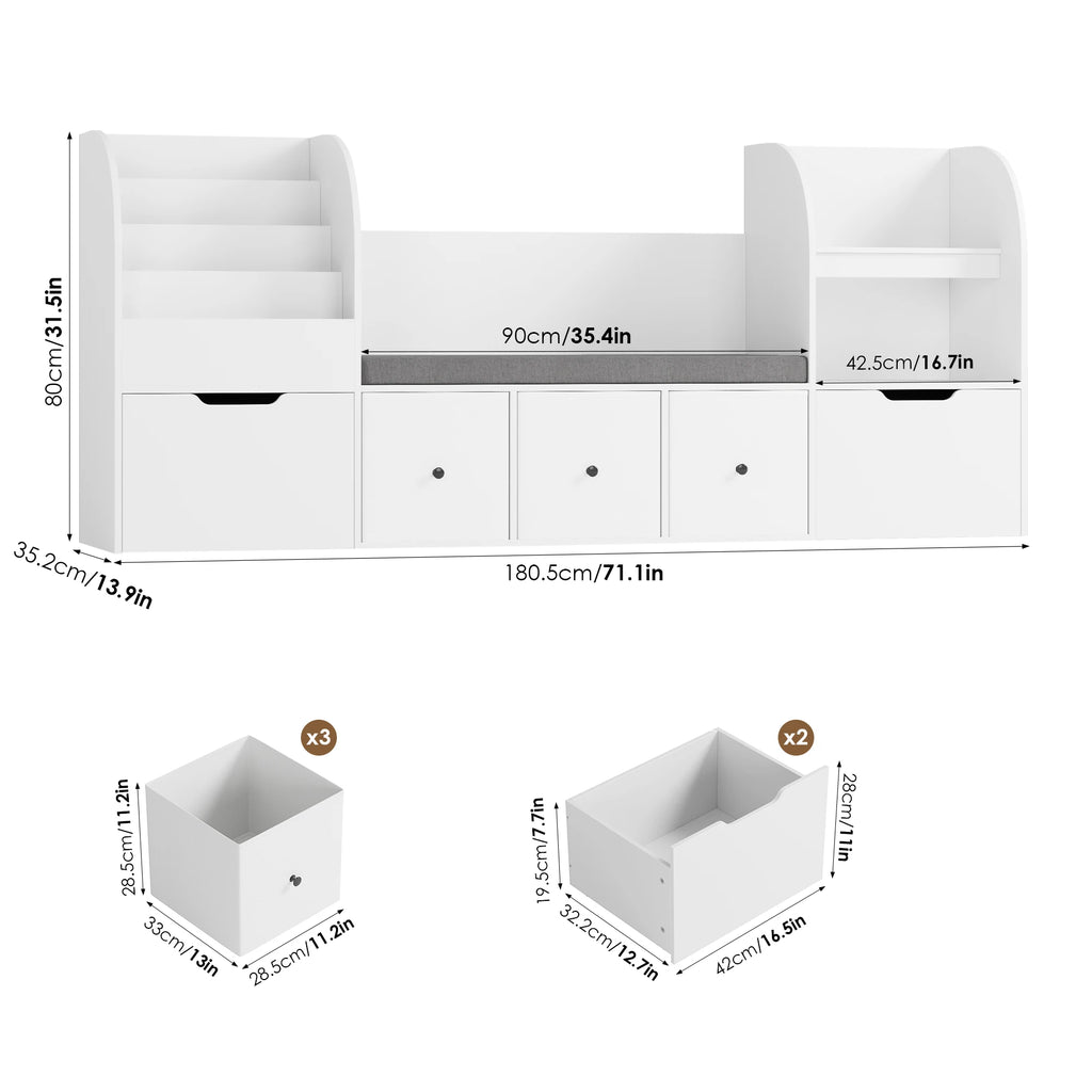 Kinderbücherregal mit Sitzbank, 4 Ebenen, 180 cm Lilla Kids