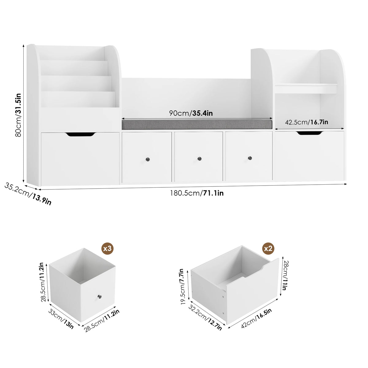 Kinderbücherregal mit Sitzbank, 4 Ebenen, 180 cm Lilla Kids