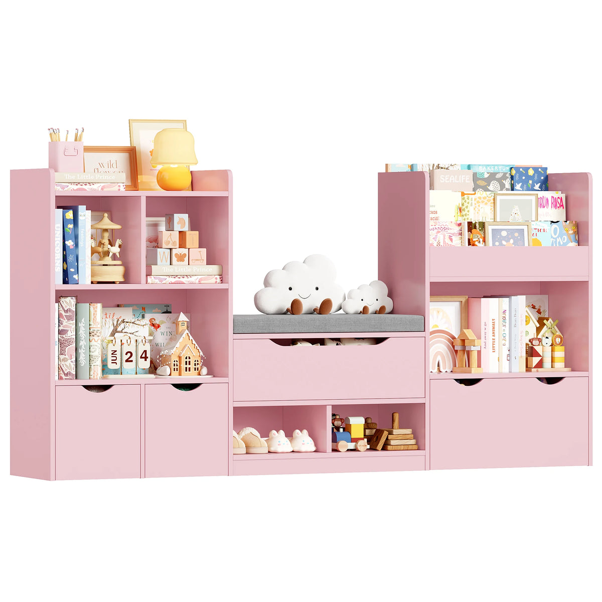 Kinderbücherregal mit Sitzbank und 3 Schubladen, 183 cm Lilla Kids