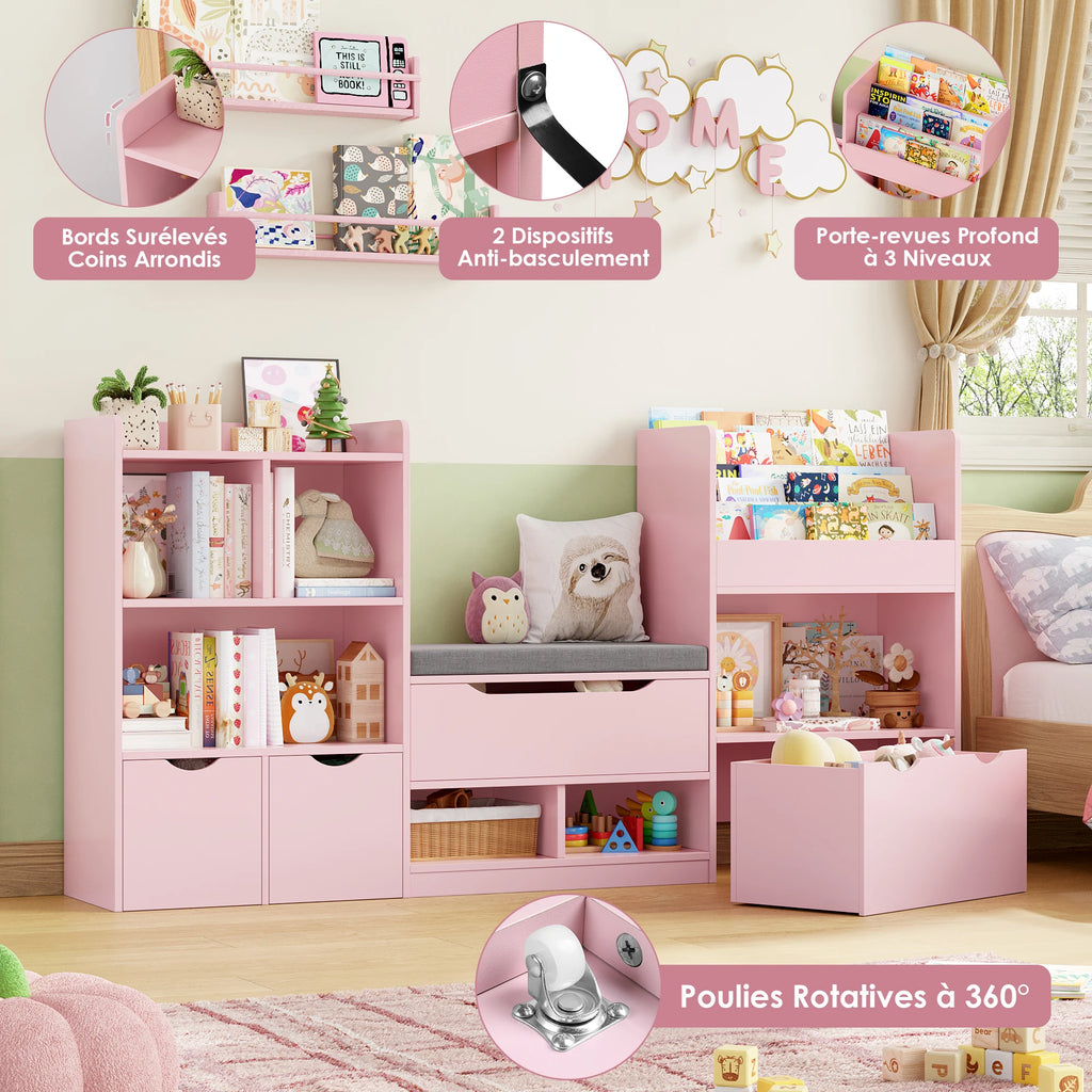 Kinderbücherregal mit Sitzbank und 3 Schubladen, 183 cm Lilla Kids