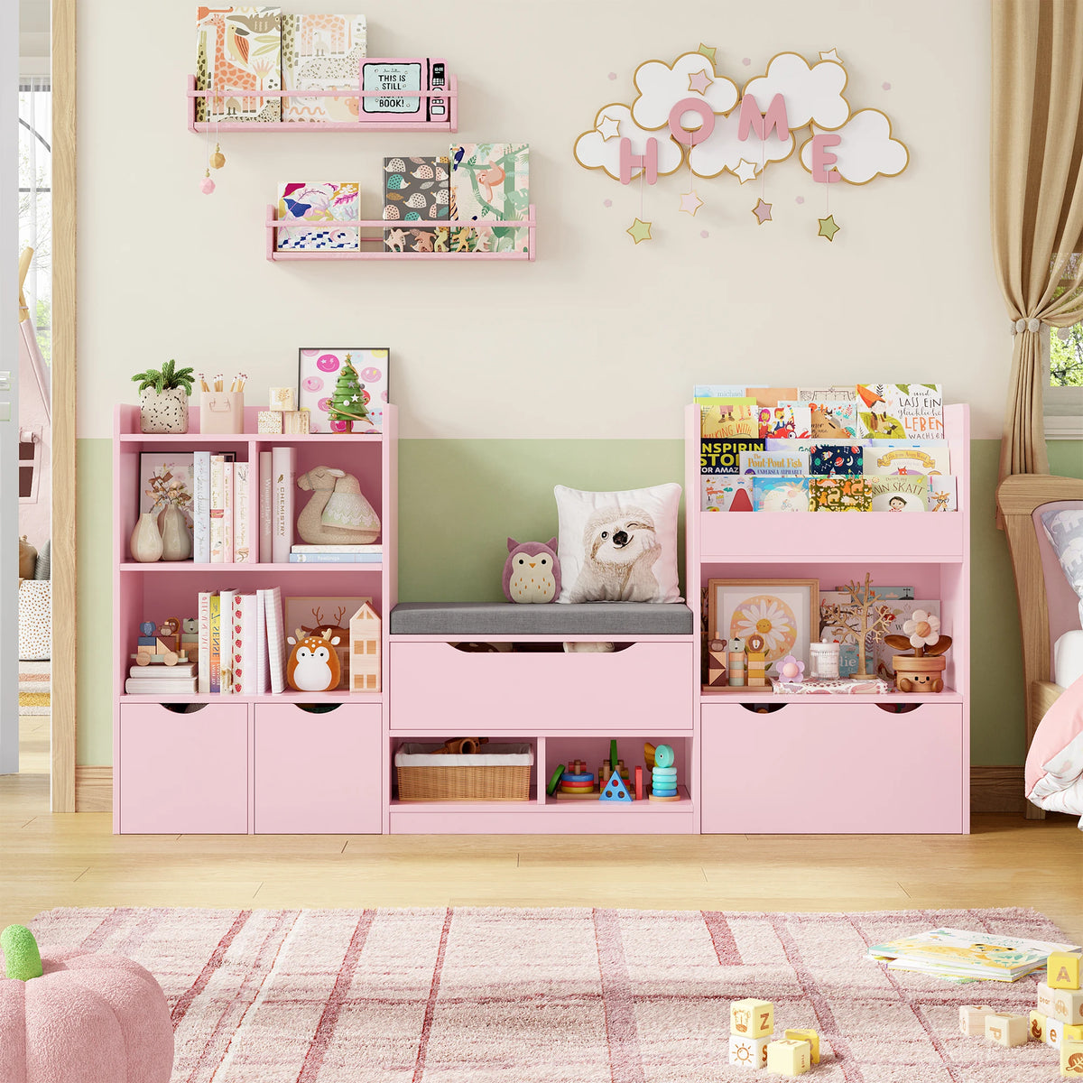 Kinderbücherregal mit Sitzbank und 3 Schubladen, 183 cm Lilla Kids