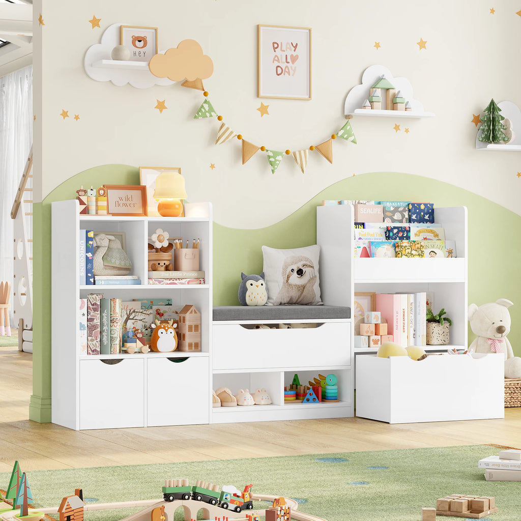 Kinderbücherregal mit Sitzbank und 3 Schubladen, 183 cm Lilla Kids