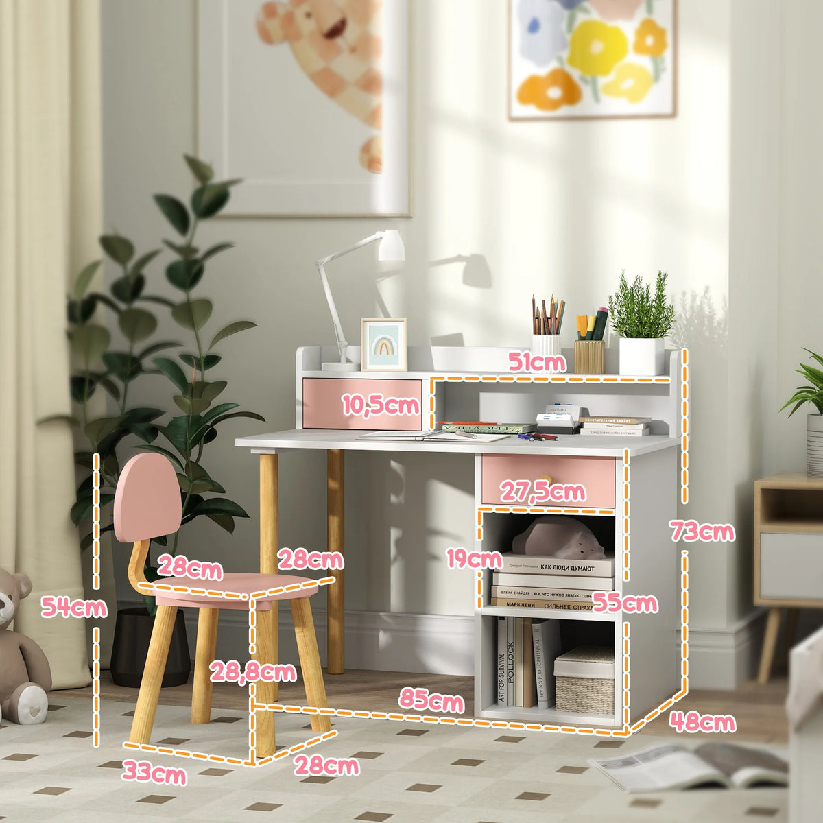 Kinderschreibtisch mit Stuhl, Schubladen und Regalen Lilla Kids
