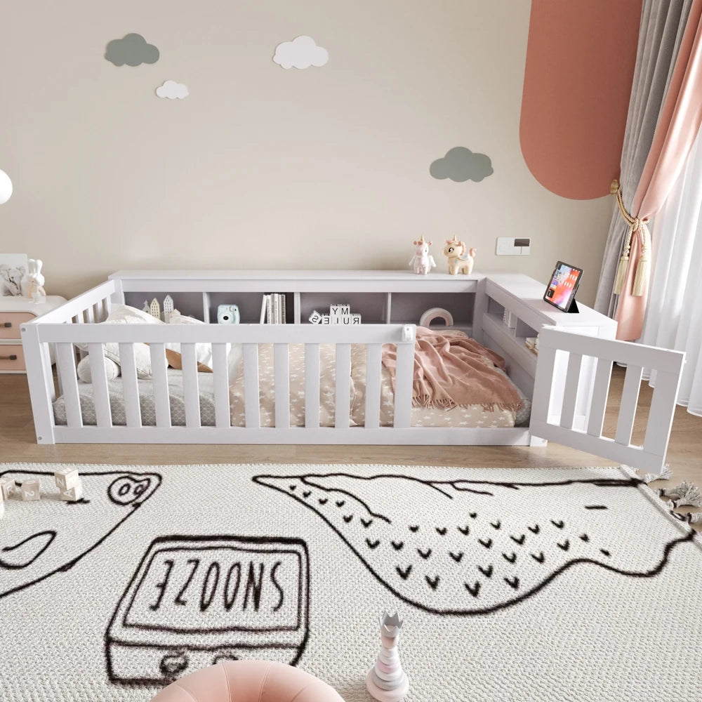 Mitwachsendes Kinderbett mit Schutzgitter und Regalen Lilla Kids