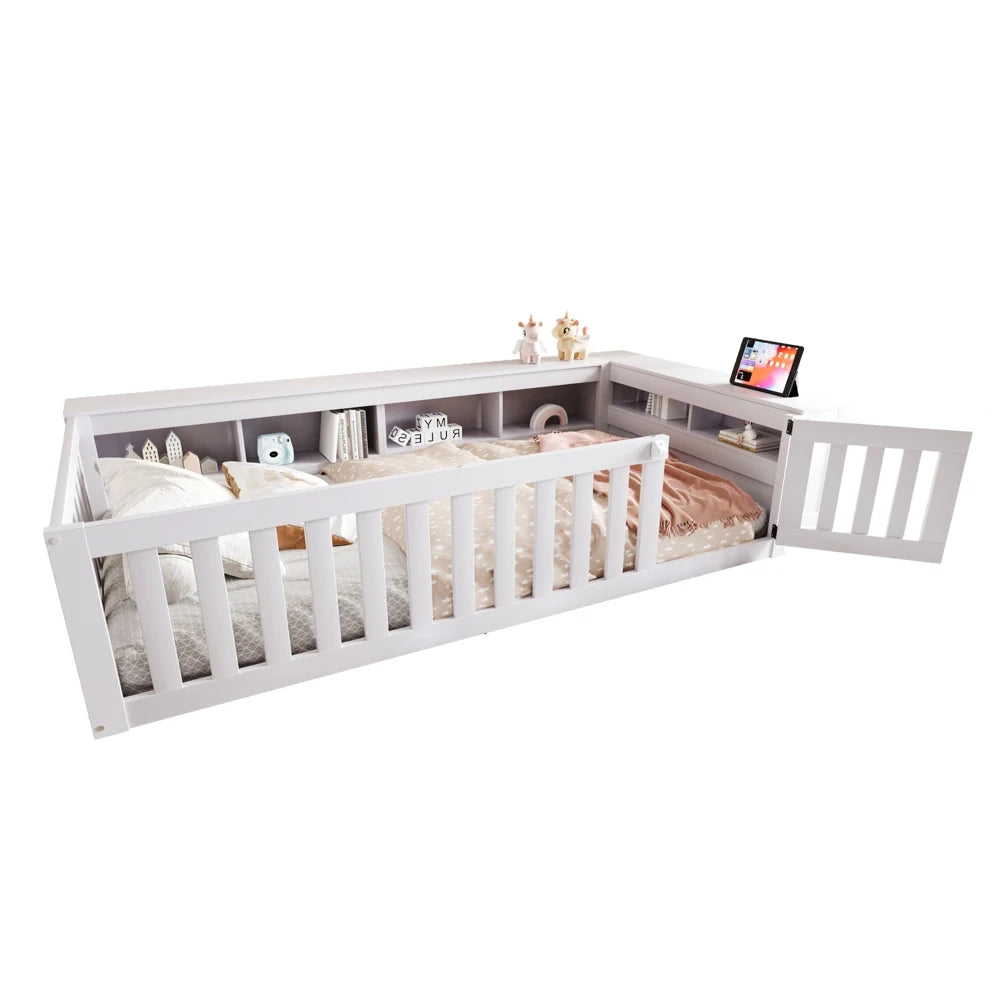Mitwachsendes Kinderbett mit Schutzgitter und Regalen Lilla Kids