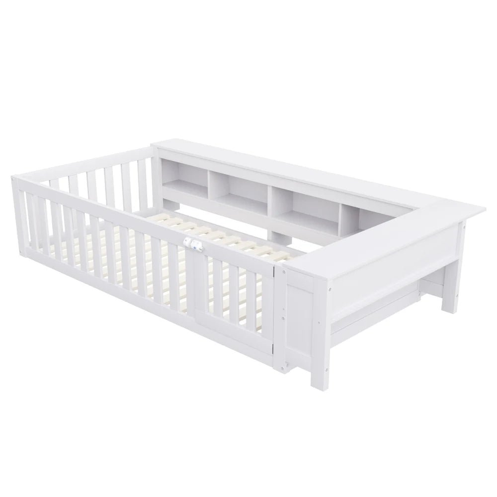 Mitwachsendes Kinderbett mit Schutzgitter und Regalen Lilla Kids