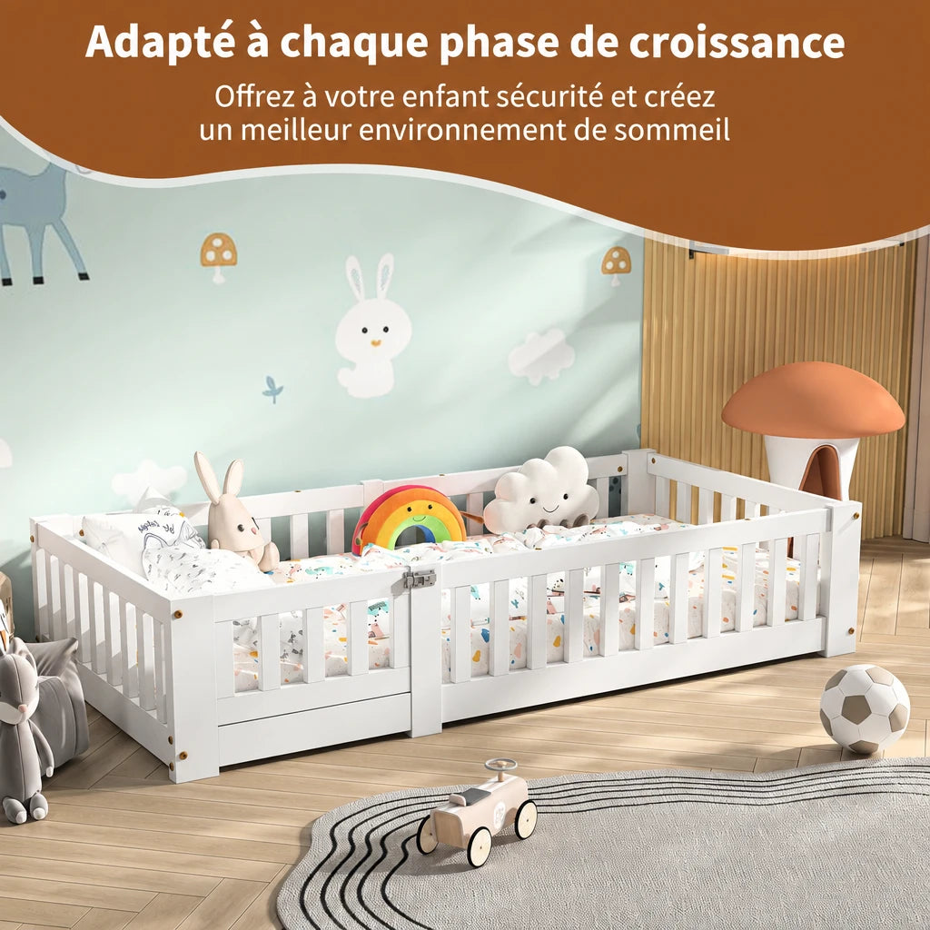 Montessori-Bodenbett in Weiß mit Rausfallschutz 80x160 Lilla Kids