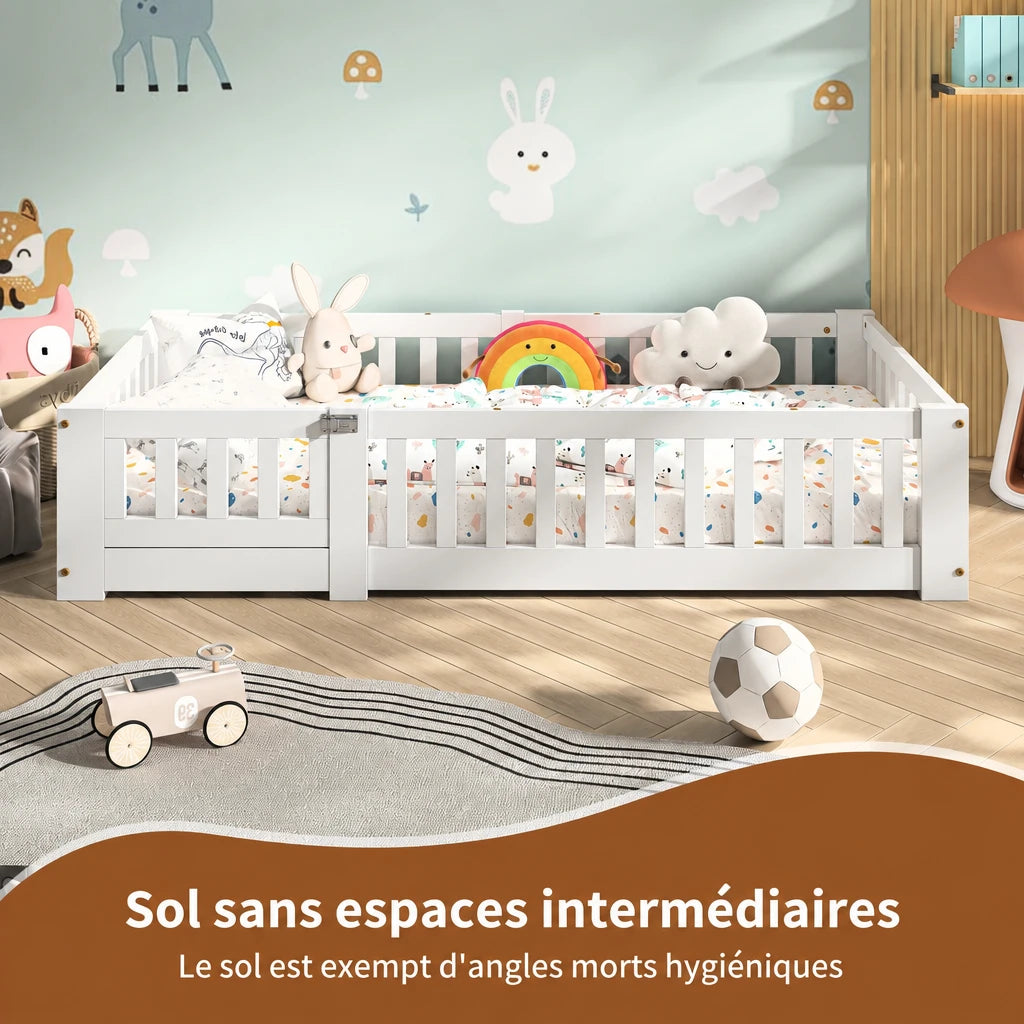 Montessori-Bodenbett in Weiß mit Rausfallschutz 80x160 Lilla Kids