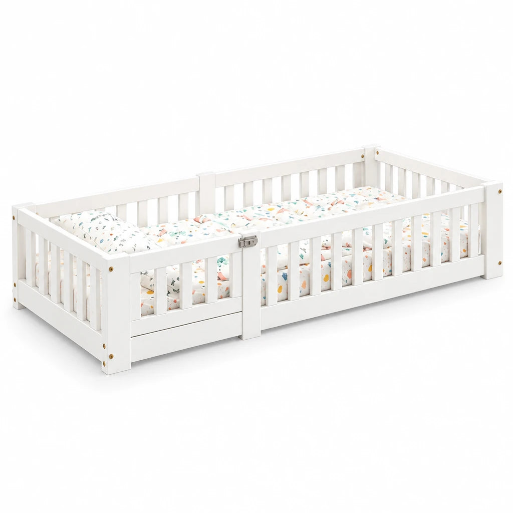 Montessori-Bodenbett in Weiß mit Rausfallschutz 80x160 Lilla Kids