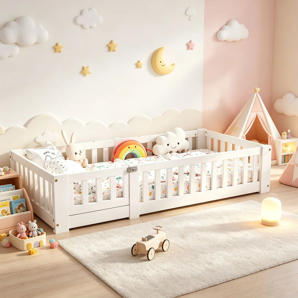 Montessori-Bodenbett in Weiß mit Rausfallschutz 80x160 Lilla Kids