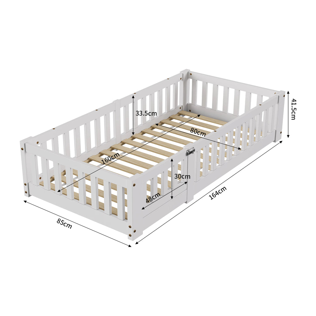 Montessori-Bodenbett in Weiß mit Rausfallschutz 80x160 Lilla Kids