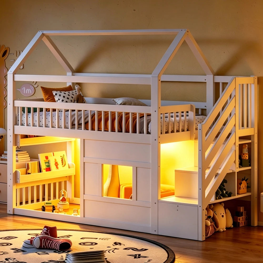 Montessori-Hausbett mit Treppe und Regal 90x200 Lilla Kids