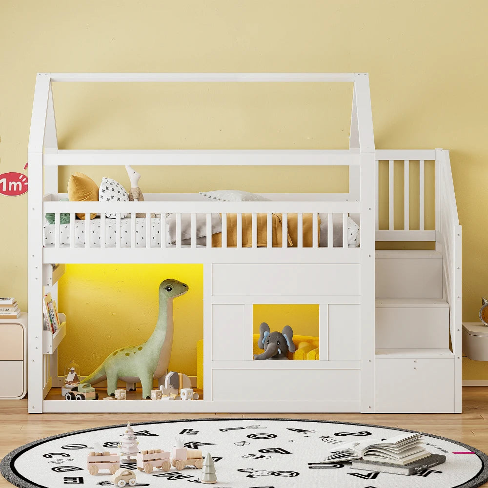 Montessori-Hausbett mit Treppe und Regal 90x200 Lilla Kids
