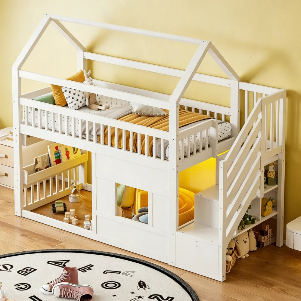 Montessori-Hausbett mit Treppe und Regal 90x200 Lilla Kids