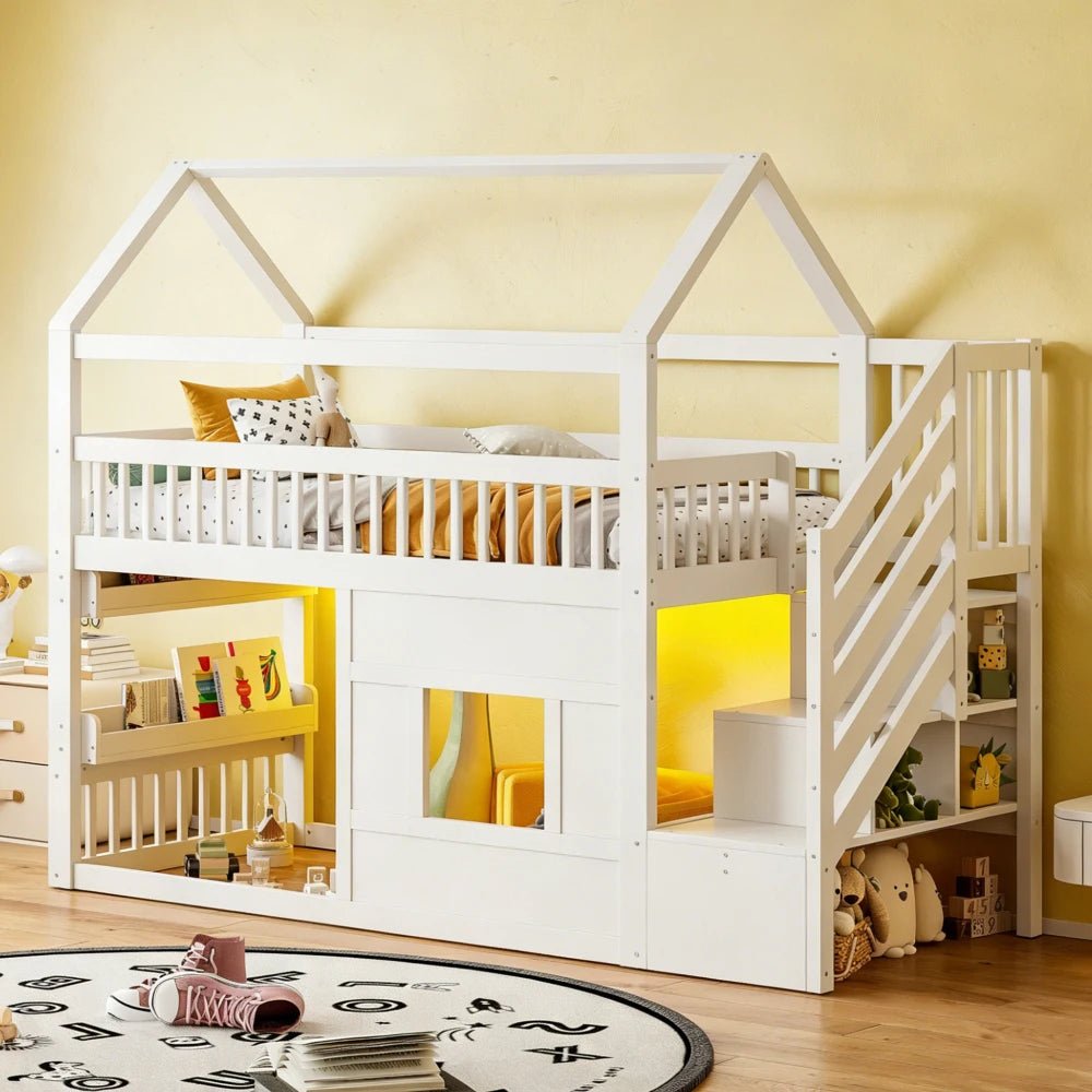 Montessori-Hausbett mit Treppe und Regal 90x200 Lilla Kids