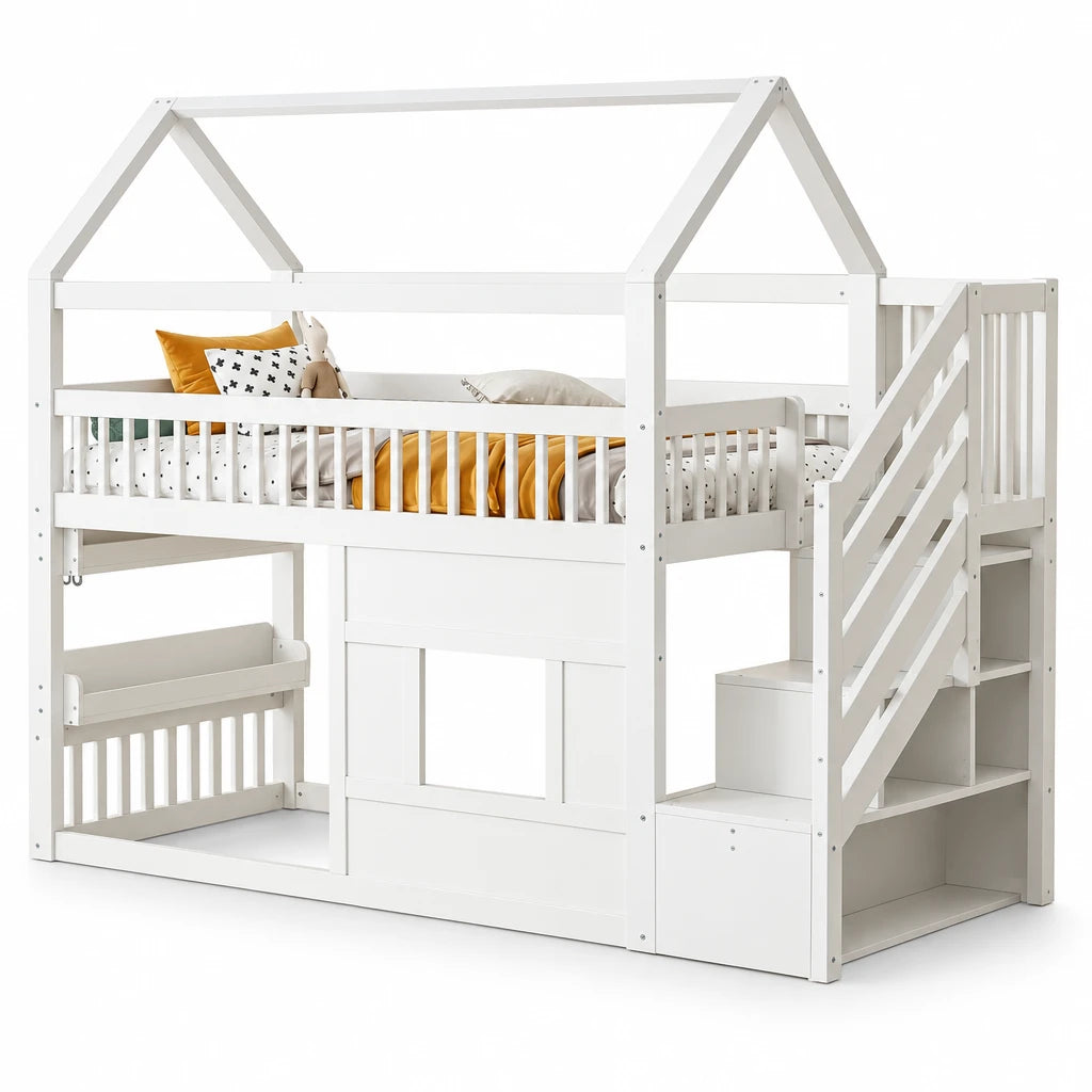 Montessori-Hausbett mit Treppe und Regal 90x200 Lilla Kids