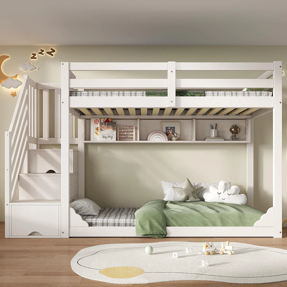 Platzsparendes Etagenbett-Hausbett mit Dach, Treppe und Schubladen Lilla Kids